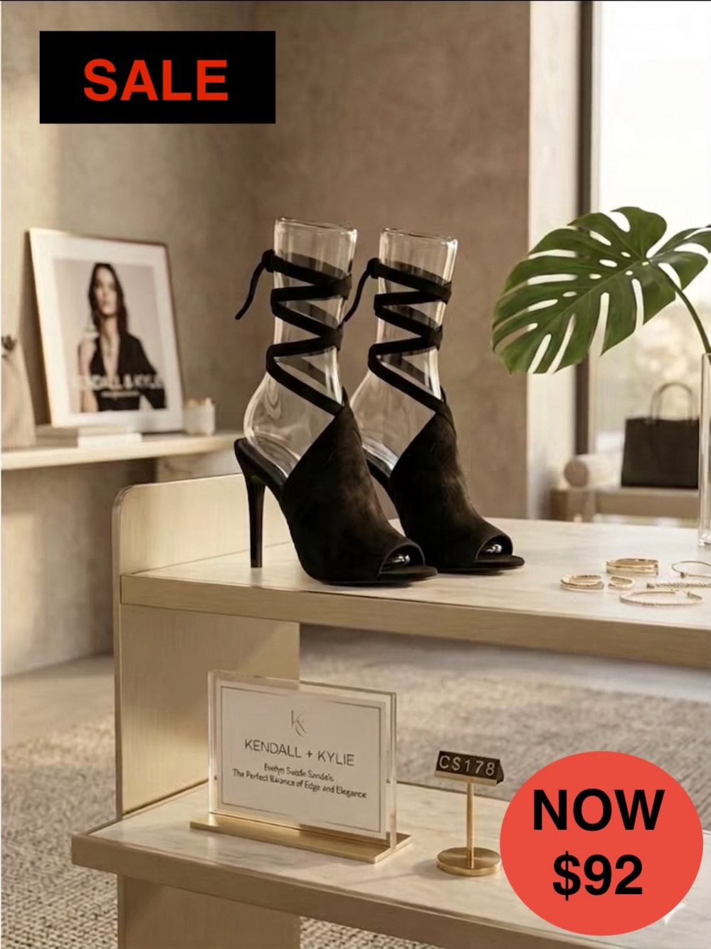 Kendall + Kylie "Evelyn" Black Suede Ankle-Tie Sandals US 5.5